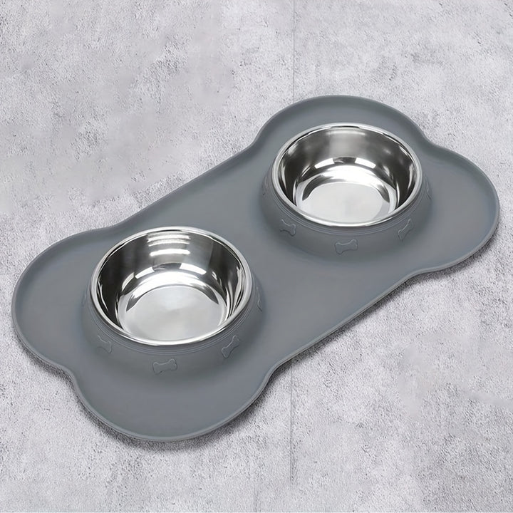 2-in-1 Dog Feeding & Watering Station, Thermoplastic Rubber Pet Bowl Mat with Stainless Steel Dual Bowls