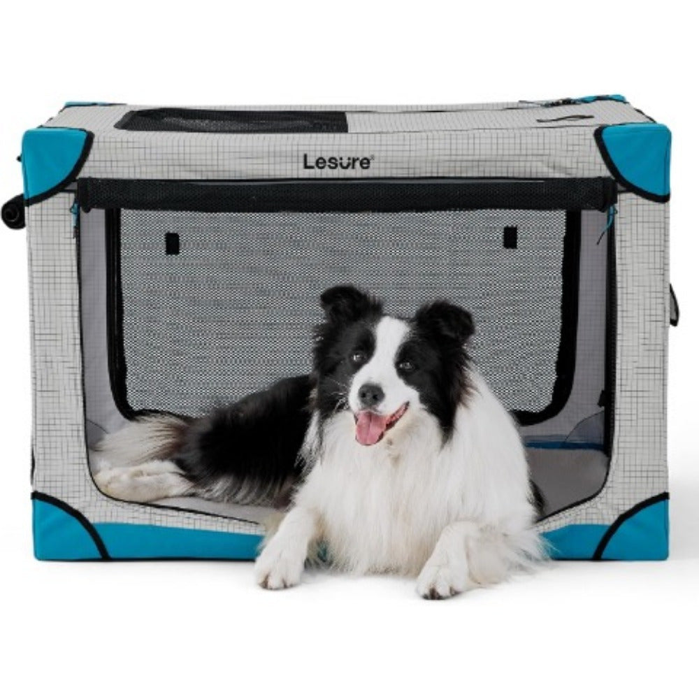 26" Portable Soft-Sided Dog Crate, Collapsible Pet Kennel with PVC Frame, 4-Door Design, Durable Mesh Windows for Travel & Outdoor Use