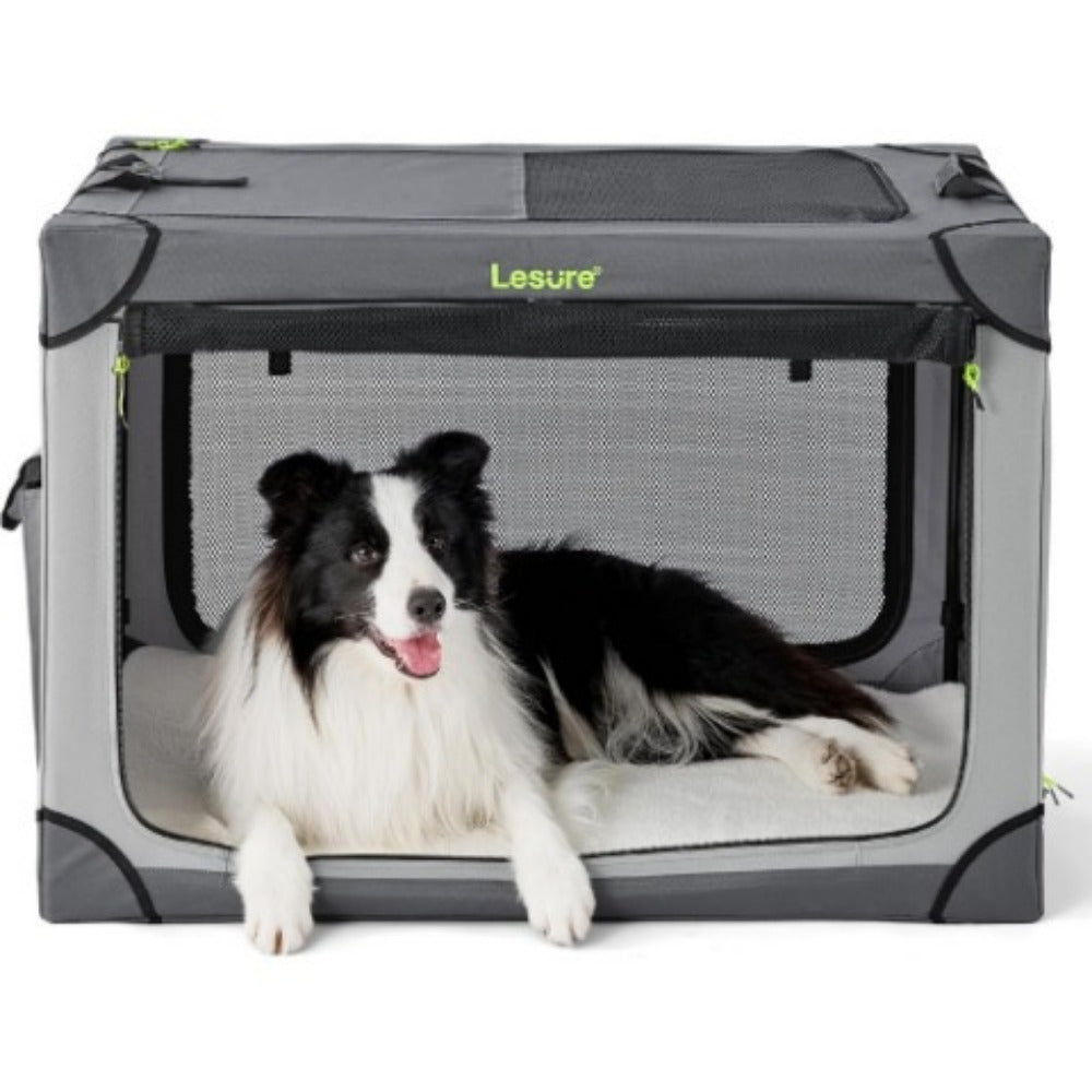 26" Portable Soft-Sided Dog Crate, Collapsible Pet Kennel with PVC Frame, 4-Door Design, Durable Mesh Windows for Travel & Outdoor Use