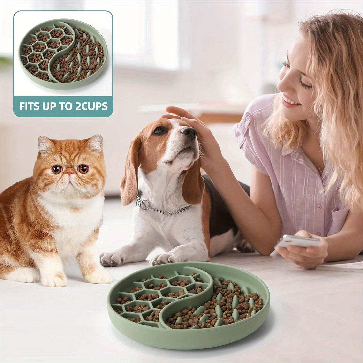 Slow Feeder Dog Bowls, Silicone Pet Food Bowls with Suction Cups, Non-Slip Dog Feeding Bowls Slow Down Pet Eating Speed for Fast Eaters, Anxiety Relief & Fun Added (Green)