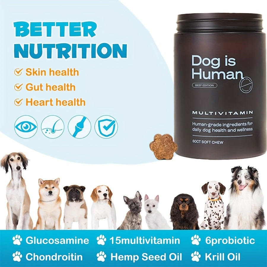 Dog Is Human Daily Multivitamin For Dogs | Beef Flavor 60 Tablets Coat Health + Immune Support Protects 5 Major Health Dimensions In One Can