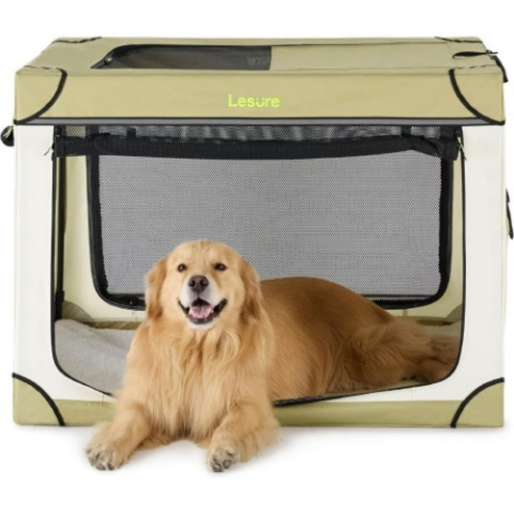 26" Portable Soft-Sided Dog Crate, Collapsible Pet Kennel with PVC Frame, 4-Door Design, Durable Mesh Windows for Travel & Outdoor Use