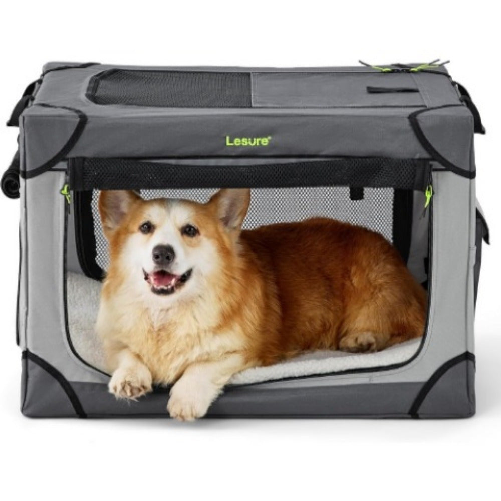 26" Portable Soft-Sided Dog Crate, Collapsible Pet Kennel with PVC Frame, 4-Door Design, Durable Mesh Windows for Travel & Outdoor Use