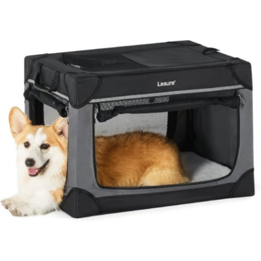 26" Portable Soft-Sided Dog Crate, Collapsible Pet Kennel with PVC Frame, 4-Door Design, Durable Mesh Windows for Travel & Outdoor Use