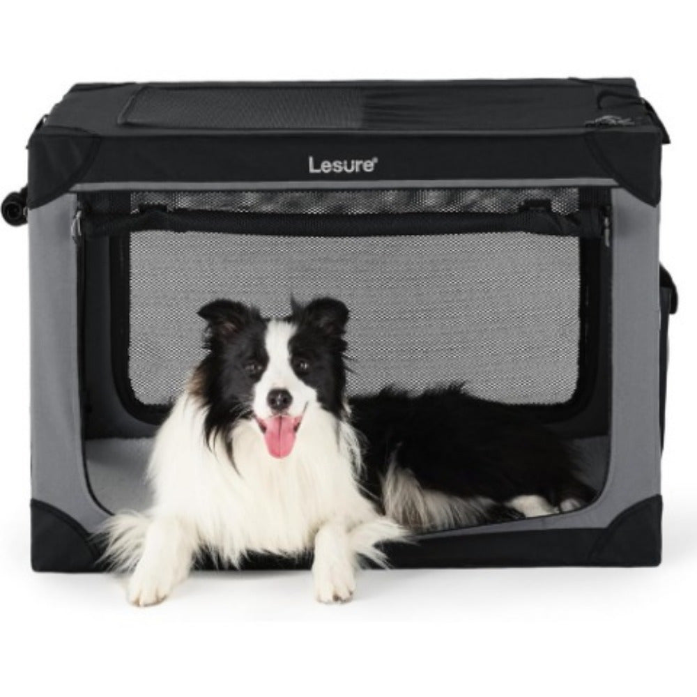 26" Portable Soft-Sided Dog Crate, Collapsible Pet Kennel with PVC Frame, 4-Door Design, Durable Mesh Windows for Travel & Outdoor Use