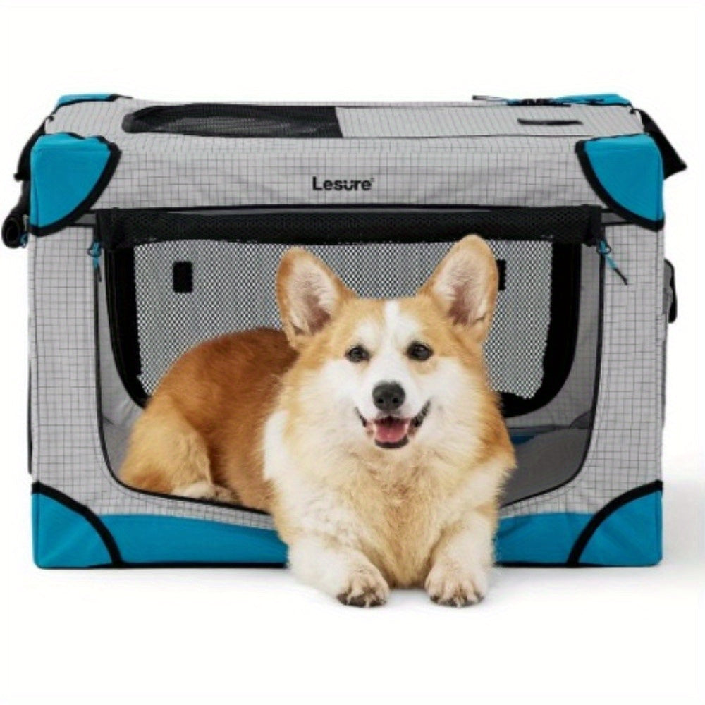 26" Portable Soft-Sided Dog Crate, Collapsible Pet Kennel with PVC Frame, 4-Door Design, Durable Mesh Windows for Travel & Outdoor Use