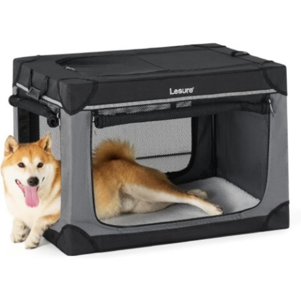 26" Portable Soft-Sided Dog Crate, Collapsible Pet Kennel with PVC Frame, 4-Door Design, Durable Mesh Windows for Travel & Outdoor Use