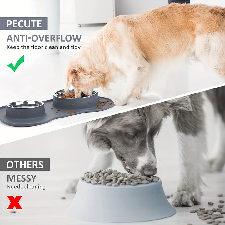2-in-1 Dog Feeding & Watering Station, Thermoplastic Rubber Pet Bowl Mat with Stainless Steel Dual Bowls