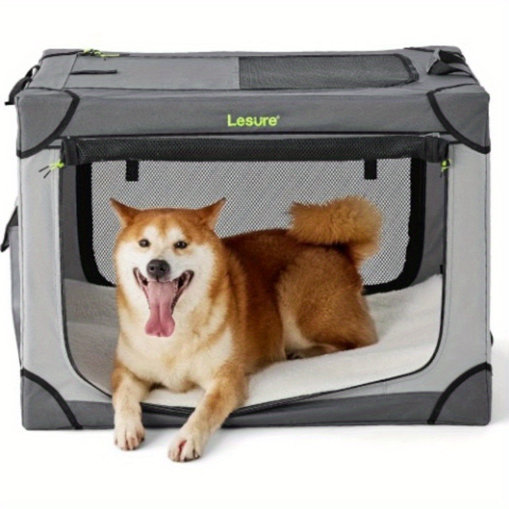 26" Portable Soft-Sided Dog Crate, Collapsible Pet Kennel with PVC Frame, 4-Door Design, Durable Mesh Windows for Travel & Outdoor Use