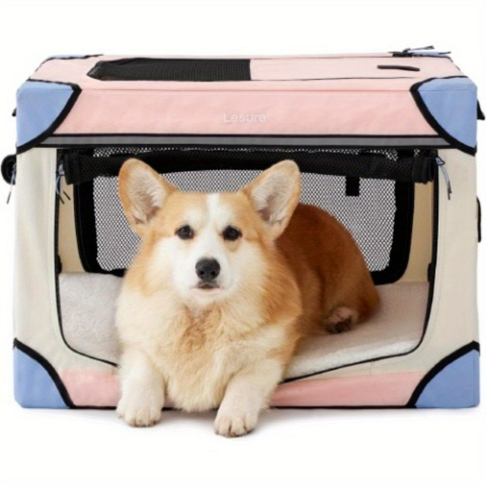 26" Portable Soft-Sided Dog Crate, Collapsible Pet Kennel with PVC Frame, 4-Door Design, Durable Mesh Windows for Travel & Outdoor Use