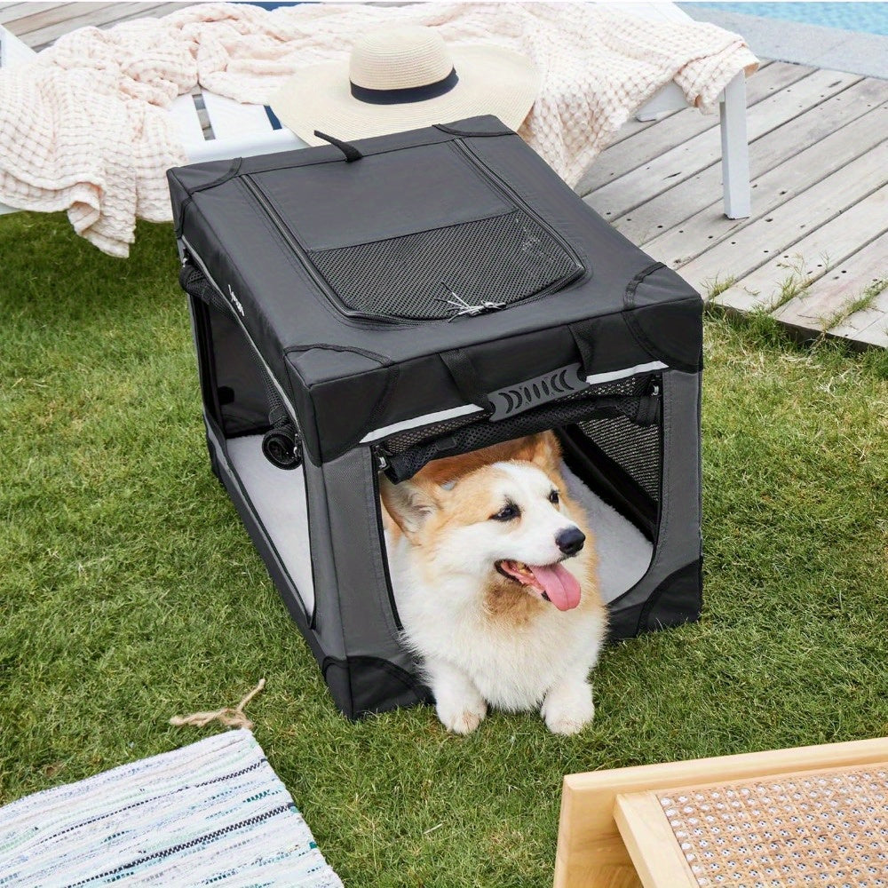 26" Portable Soft-Sided Dog Crate, Collapsible Pet Kennel with PVC Frame, 4-Door Design, Durable Mesh Windows for Travel & Outdoor Use
