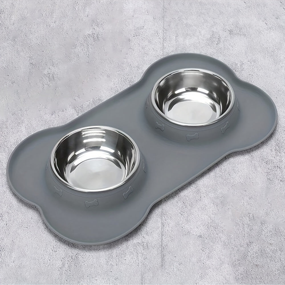 2-in-1 Dog Feeding & Watering Station, Thermoplastic Rubber Pet Bowl Mat with Stainless Steel Dual Bowls - rarefrenchies 
