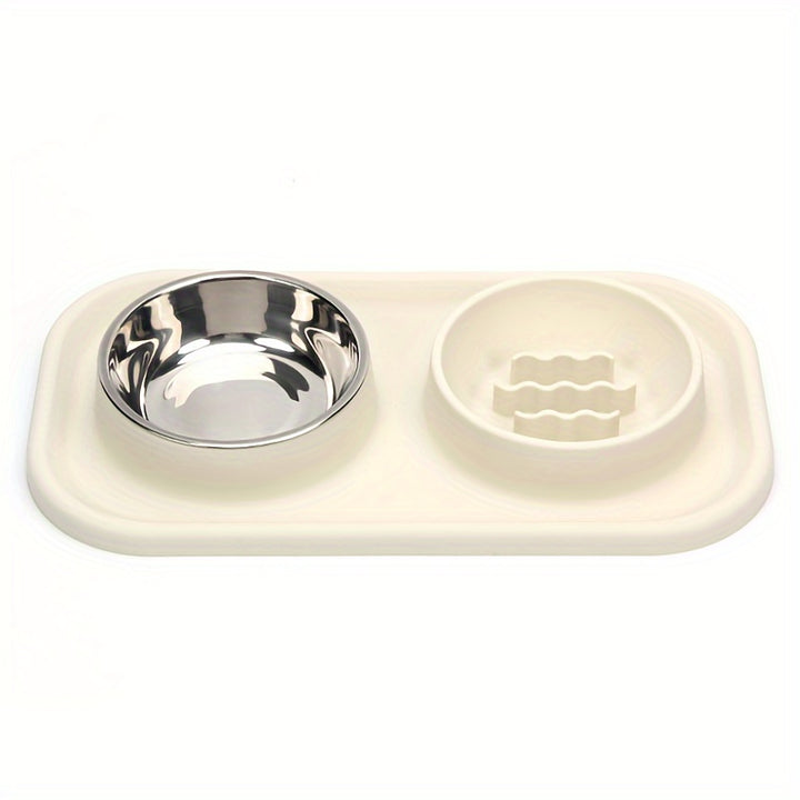 Small to Medium Pet Dual Bowl Slow Feeder with Stainless Steel Bowls and Non-Slip Silicone Mat - rarefrenchies 