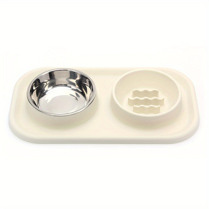 Small to Medium Pet Dual Bowl Slow Feeder with Stainless Steel Bowls and Non-Slip Silicone Mat - rarefrenchies 