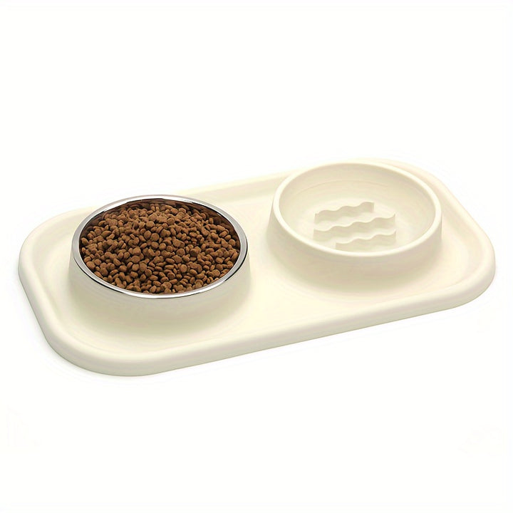 Small to Medium Pet Dual Bowl Slow Feeder with Stainless Steel Bowls and Non-Slip Silicone Mat - rarefrenchies 