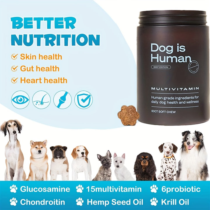 Dog Is Human Daily Multivitamin For Dogs | Beef Flavor 60 Tablets Coat Health + Immune Support Protects 5 Major Health Dimensions In One Can