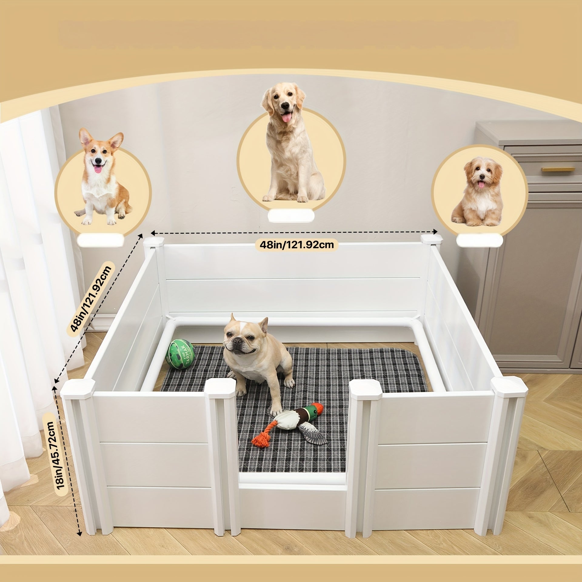 Spacious 48"x48"x18" White PVC Dog Playpen with Adjustable Door - Sturdy Whelping Box & Puppy Enclosure for Small to Large Breeds, Includes Pig Rails for Extra Support, Puppy Playpen Indoor - rarefrenchies 