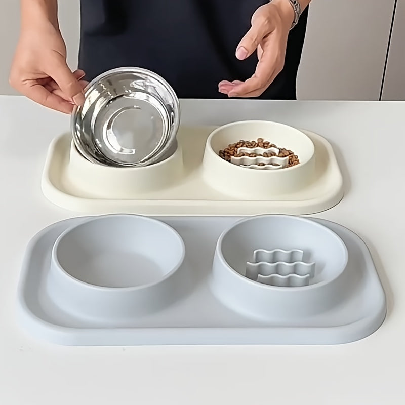 Small to Medium Pet Dual Bowl Slow Feeder with Stainless Steel Bowls and Non-Slip Silicone Mat - rarefrenchies 