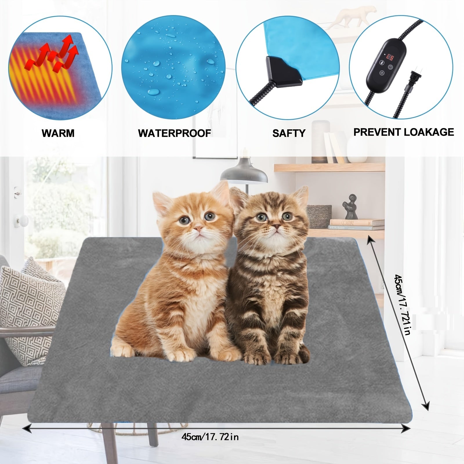 Heating Pad with Removable Cover, Chew-Resistant Stainless Steel Cord, 6-Level Adjustable Temperature, PVC Material, Power Plug, for Cats and Dogs - rarefrenchies 