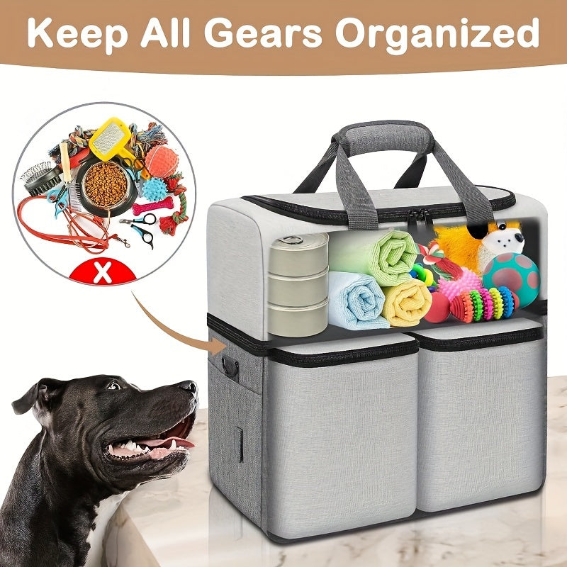 Dual Layers Dog Travel Bag, Pet Travel Bags with 2 Extra Large Food Containers, 2 Collapsible Dog Bowls, Multi-Pockets Tote Organizer for Dog Supplies - rarefrenchies 