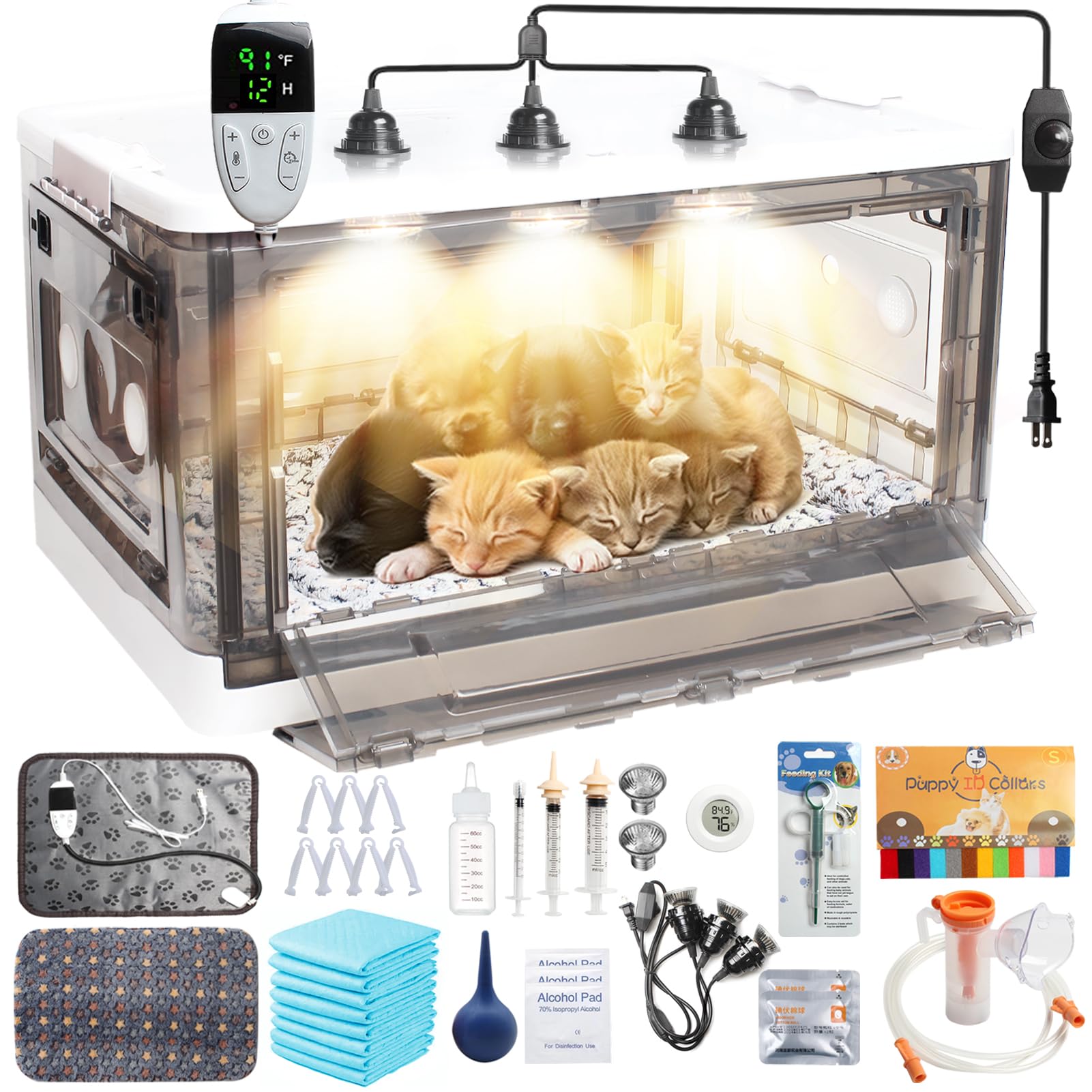 Incubator for Puppies,Kitten Incubator with Heating,Puppy Incubator for Dogs, Incubator for Newborn Puppies and Kittens，Small Mammal Incubator (85L (3* Heat Lamp)) - rarefrenchies 