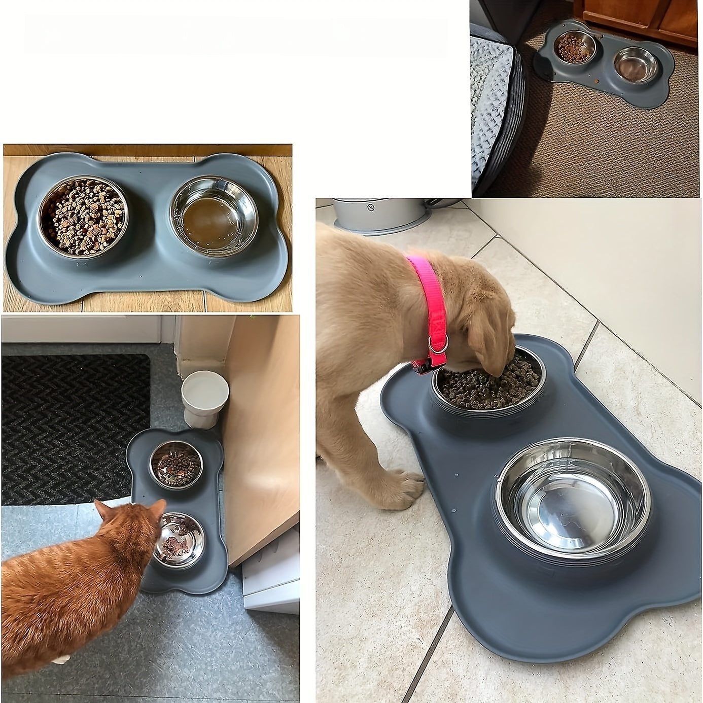 2-in-1 Dog Feeding & Watering Station, Thermoplastic Rubber Pet Bowl Mat with Stainless Steel Dual Bowls - rarefrenchies 