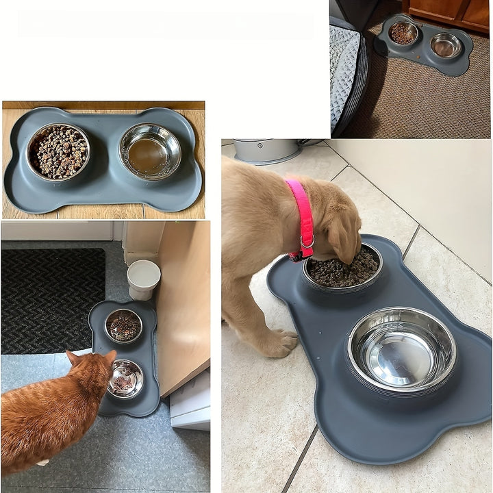 2-in-1 Dog Feeding & Watering Station, Thermoplastic Rubber Pet Bowl Mat with Stainless Steel Dual Bowls - rarefrenchies 