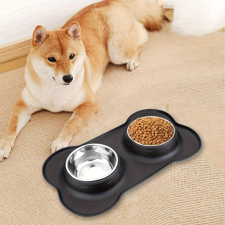 2-in-1 Dog Feeding & Watering Station, Thermoplastic Rubber Pet Bowl Mat with Stainless Steel Dual Bowls - rarefrenchies 