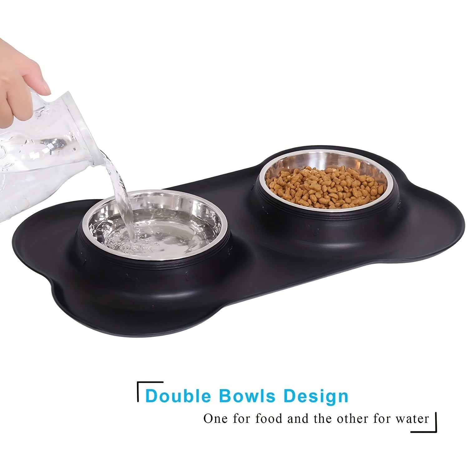 2-in-1 Dog Feeding & Watering Station, Thermoplastic Rubber Pet Bowl Mat with Stainless Steel Dual Bowls - rarefrenchies 