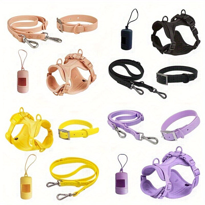 4pcs Dog Walking Set, PVC No-Pull Pet Harness, Leash, and Collar for Medium to Large Dogs - rarefrenchies 