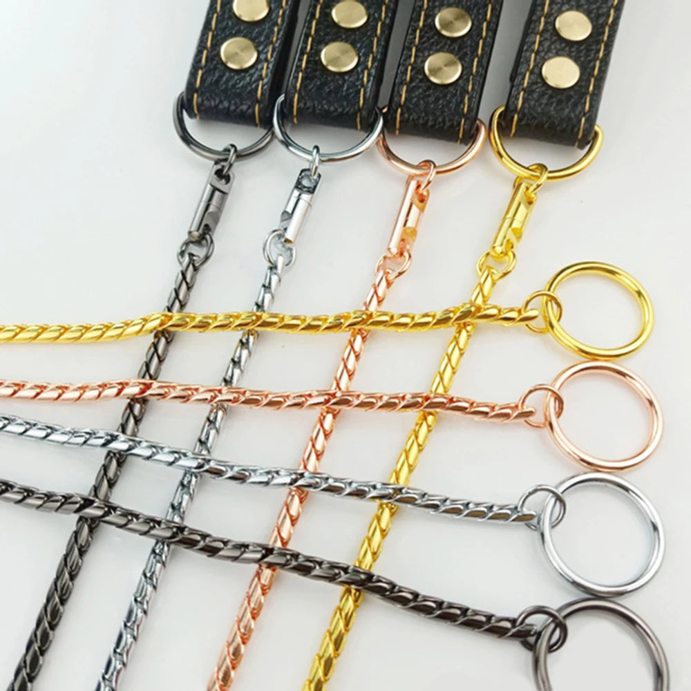Integrated Dog Slip Chain Collar Leash 304 Stainless Steel Dog Metal Choke Collar Pet Training Leash Show with Leather Handle