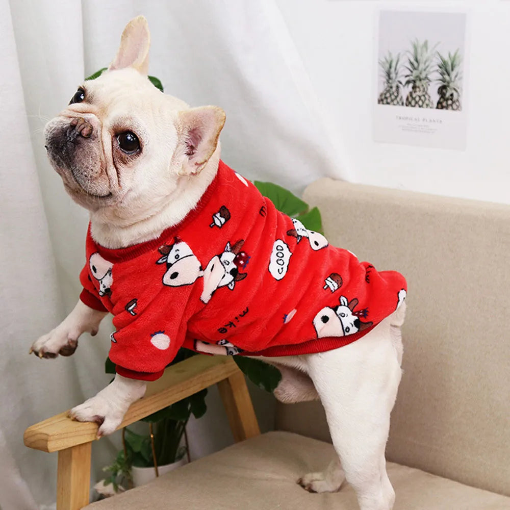 Warm Dog Clothes Cute Print Puppy Pet Clothing French Bulldog Hoodie Winter Dog Pajamas Sweater Coat for Small Medium Dogs Cats