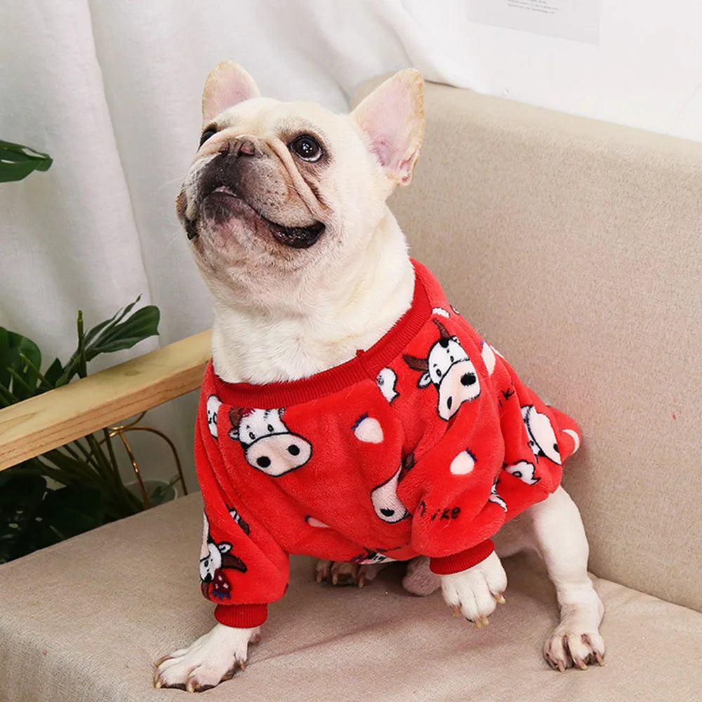 Warm Dog Clothes Cute Print Puppy Pet Clothing French Bulldog Hoodie Winter Dog Pajamas Sweater Coat for Small Medium Dogs Cats