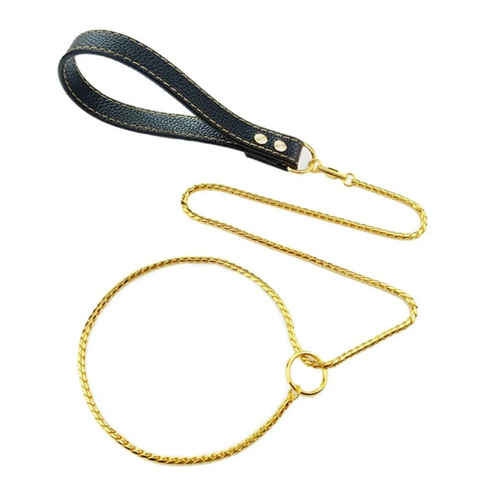 Integrated Dog Slip Chain Collar Leash 304 Stainless Steel Dog Metal Choke Collar Pet Training Leash Show with Leather Handle