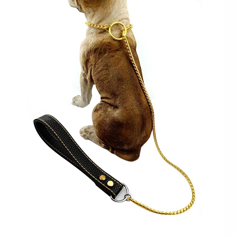 Integrated Dog Slip Chain Collar Leash 304 Stainless Steel Dog Metal Choke Collar Pet Training Leash Show with Leather Handle