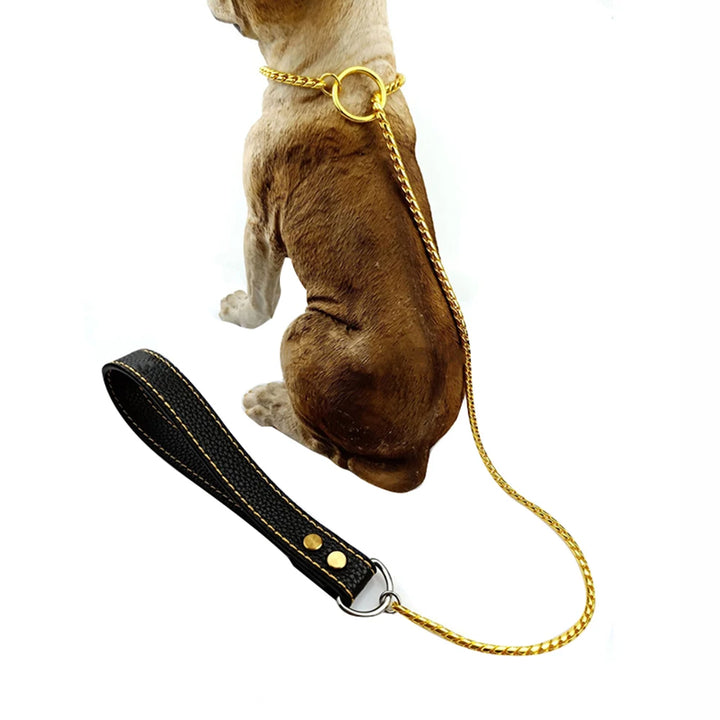 Integrated Dog Slip Chain Collar Leash 304 Stainless Steel Dog Metal Choke Collar Pet Training Leash Show with Leather Handle