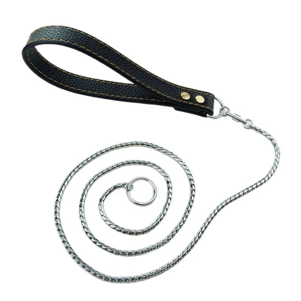 Integrated Dog Slip Chain Collar Leash 304 Stainless Steel Dog Metal Choke Collar Pet Training Leash Show with Leather Handle