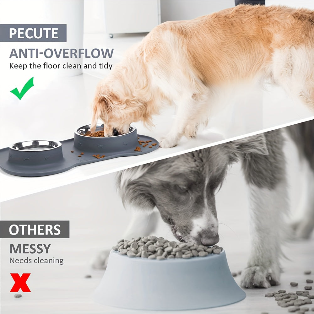 2-in-1 Dog Feeding & Watering Station, Thermoplastic Rubber Pet Bowl Mat with Stainless Steel Dual Bowls - rarefrenchies 