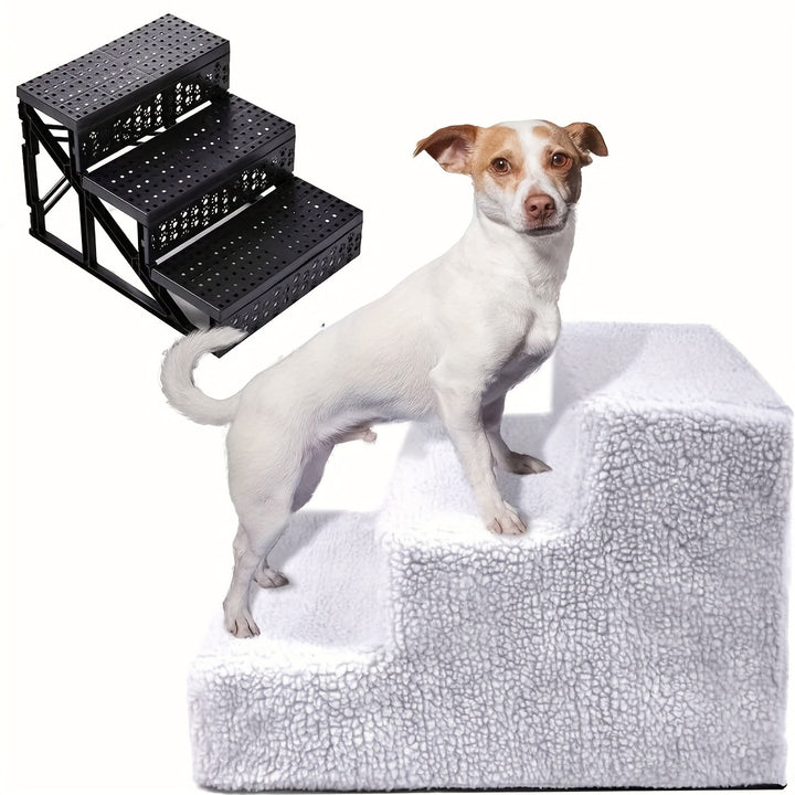 3-Step Wool Felt Pet Stairs for Small Dogs & Cats - Portable Ramp with Non-Slip Removable Cover - rarefrenchies 