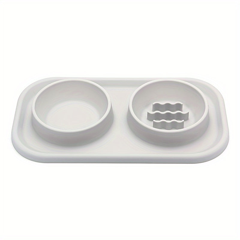 Small to Medium Pet Dual Bowl Slow Feeder with Stainless Steel Bowls and Non-Slip Silicone Mat - rarefrenchies 