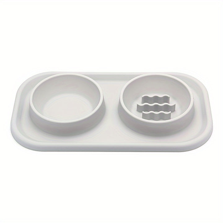 Small to Medium Pet Dual Bowl Slow Feeder with Stainless Steel Bowls and Non-Slip Silicone Mat - rarefrenchies 