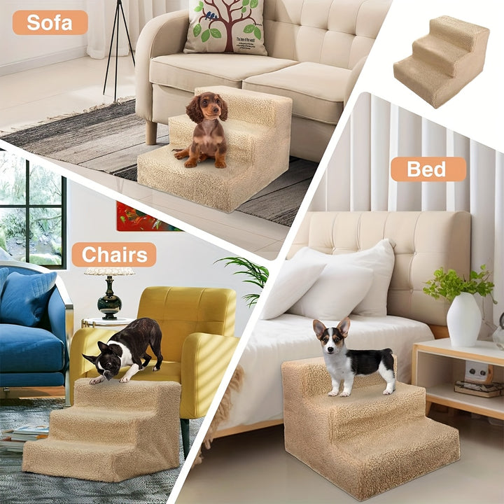3-Step Wool Felt Pet Stairs for Small Dogs & Cats - Portable Ramp with Non-Slip Removable Cover - rarefrenchies 