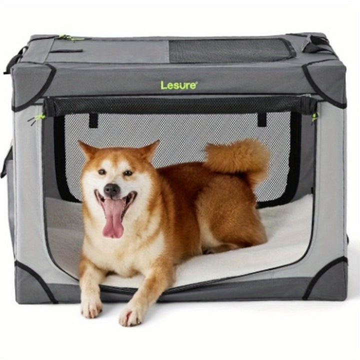 26" Portable Soft-Sided Dog Crate, Collapsible Pet Kennel with PVC Frame, 4-Door Design, Durable Mesh Windows for Travel & Outdoor Use