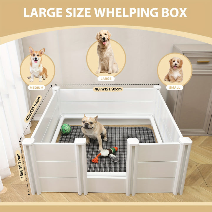 Spacious 48"x48"x18" White PVC Dog Playpen with Adjustable Door - Sturdy Whelping Box & Puppy Enclosure for Small to Large Breeds, Includes Pig Rails for Extra Support, Puppy Playpen Indoor - rarefrenchies 