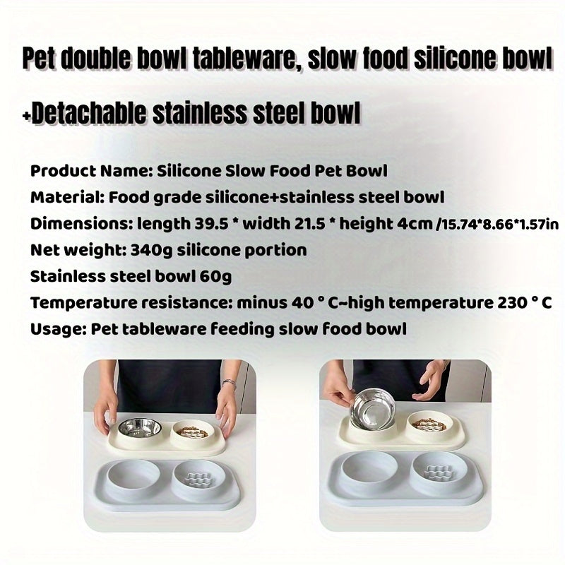Small to Medium Pet Dual Bowl Slow Feeder with Stainless Steel Bowls and Non-Slip Silicone Mat - rarefrenchies 