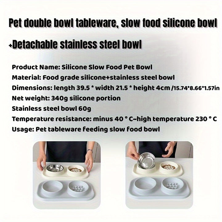 Small to Medium Pet Dual Bowl Slow Feeder with Stainless Steel Bowls and Non-Slip Silicone Mat - rarefrenchies 