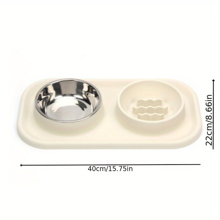 Small to Medium Pet Dual Bowl Slow Feeder with Stainless Steel Bowls and Non-Slip Silicone Mat - rarefrenchies 