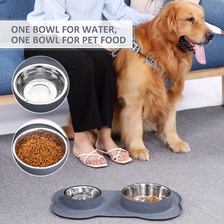 2-in-1 Dog Feeding & Watering Station, Thermoplastic Rubber Pet Bowl Mat with Stainless Steel Dual Bowls - rarefrenchies 