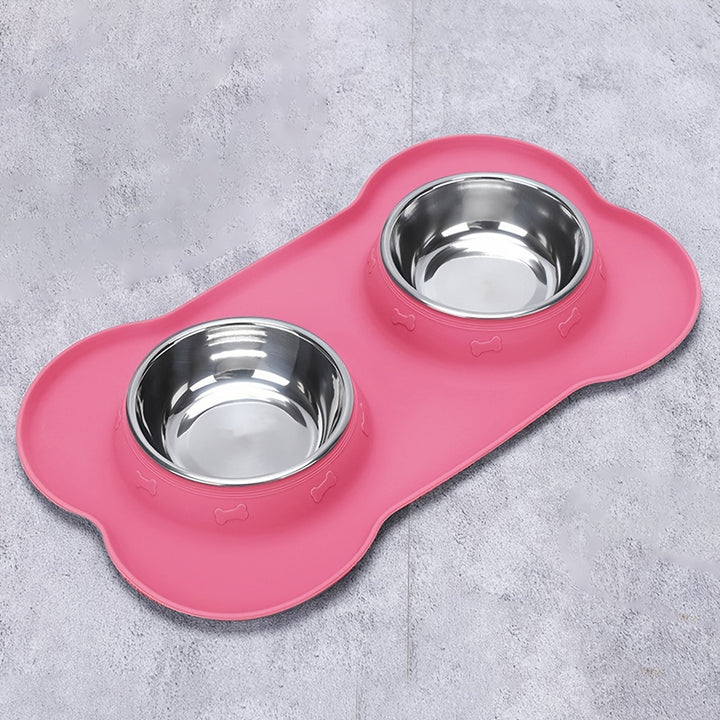 2-in-1 Dog Feeding & Watering Station, Thermoplastic Rubber Pet Bowl Mat with Stainless Steel Dual Bowls - rarefrenchies 