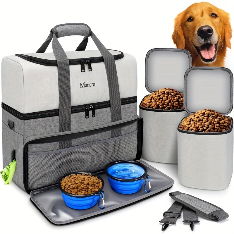 Dual Layers Dog Travel Bag, Pet Travel Bags with 2 Extra Large Food Containers, 2 Collapsible Dog Bowls, Multi-Pockets Tote Organizer for Dog Supplies - rarefrenchies 